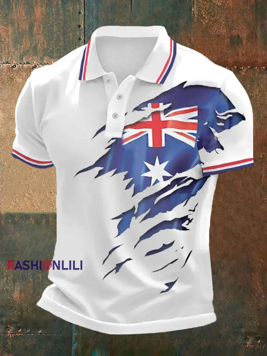 Men’s UK Flag Print Casual Polo White / S