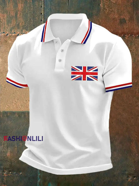 Men’s UK Flag Print Casual Polo White / S