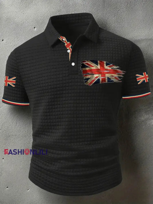 Men’s UK Flag Print Casual Short-Sleeve Waffle Top Black / S