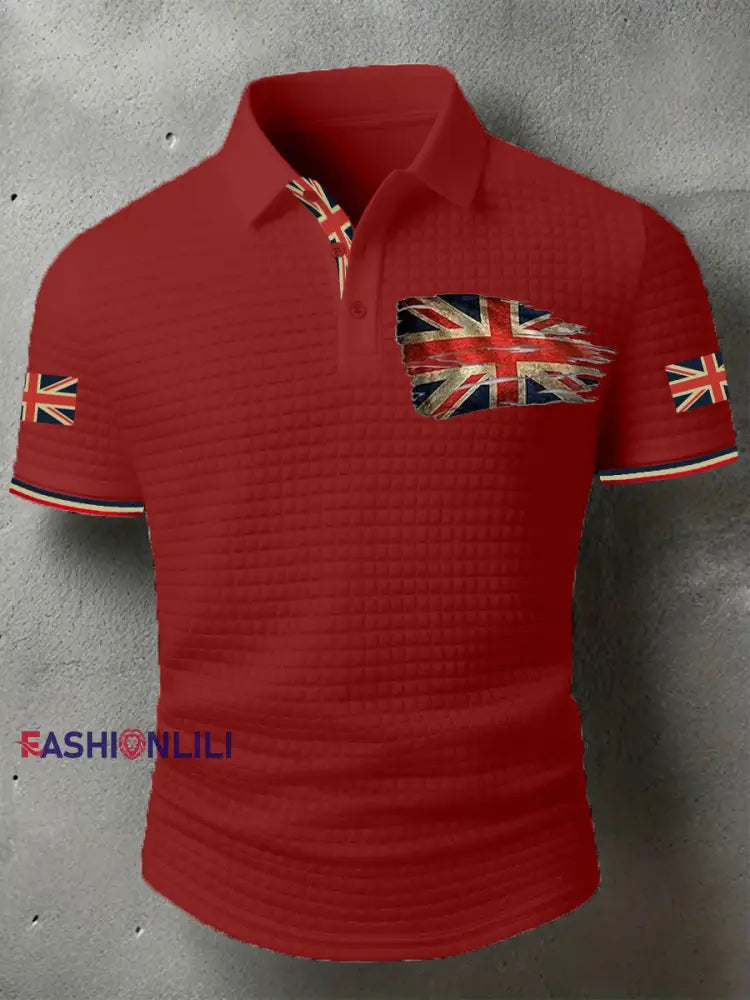 Men’s UK Flag Print Casual Short-Sleeve Waffle Top Deep Red / S
