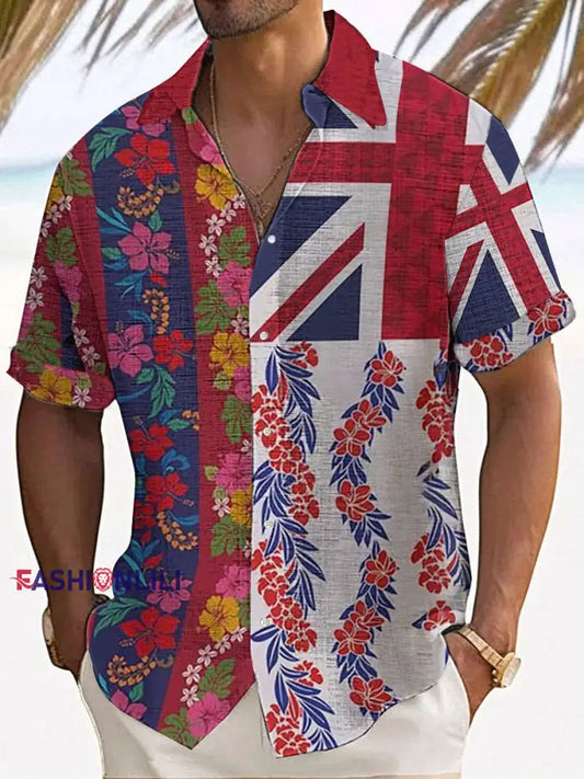 Men’s UK Flag Printed Casual Short Sleeve Shirt As picture / S