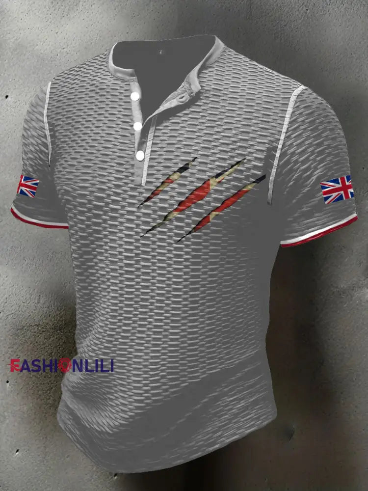 Men’s UK Flag Printed Casual Tops Light Gray / S