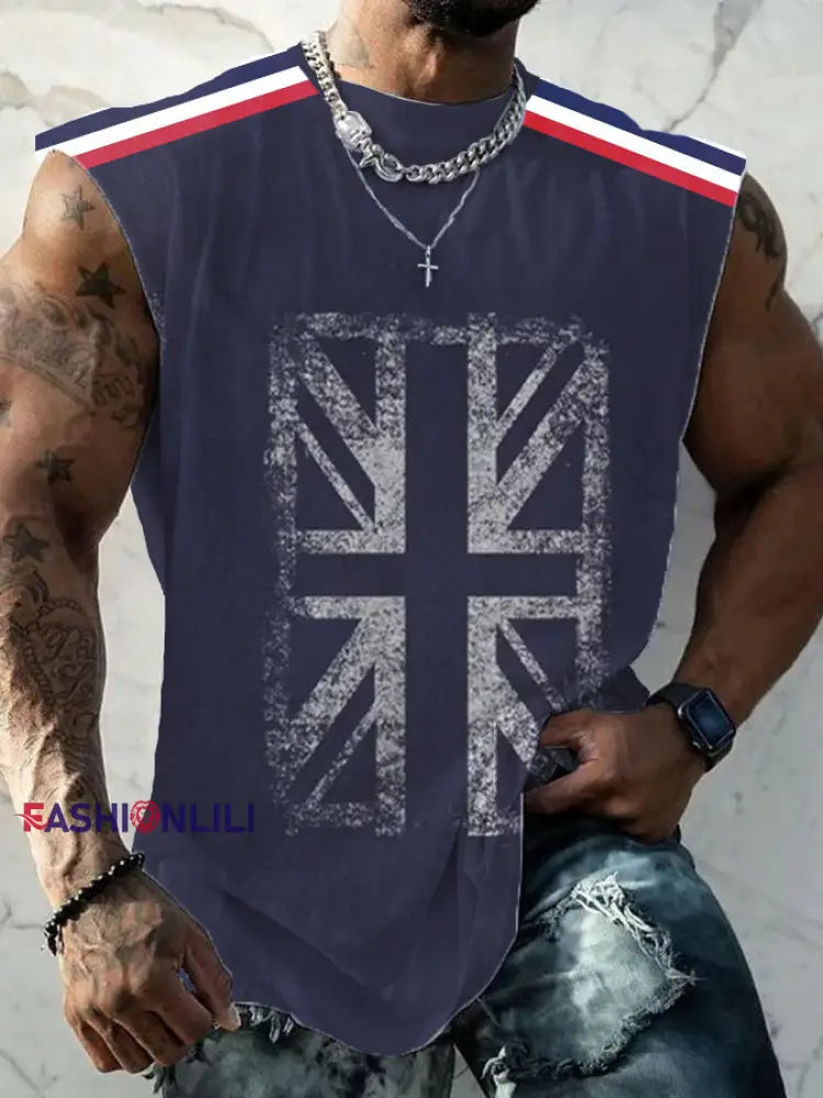 Men’s UK Flag Printed Casual Vests Navy Blue / S