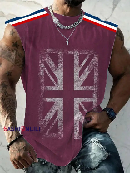 Men’s UK Flag Printed Casual Vests Wine Red / S