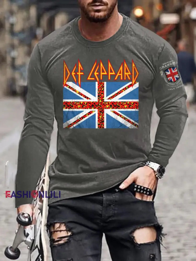 Men’s UK Flag Printed long sleeve T-shirt Gray / S