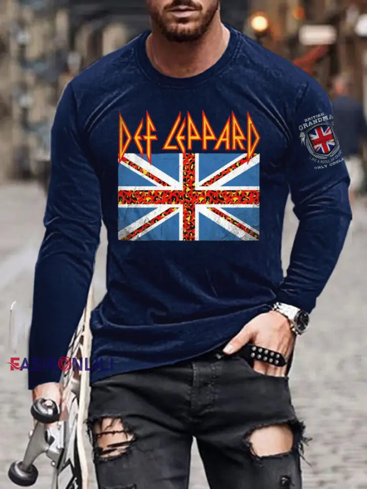 Men’s UK Flag Printed long sleeve T-shirt Navy Blue / S