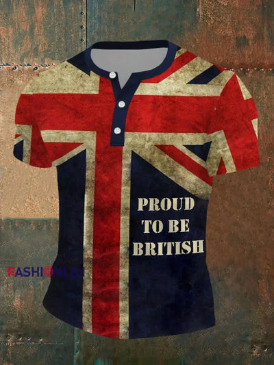 Men’s UK Flag Proud To Be British Printed Casual Short Sleeve T-shirt Navy Blue / S