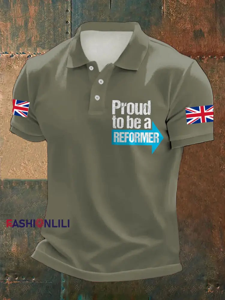 Men’s UK Flag Reform Printed Casual Tops Army Green / S