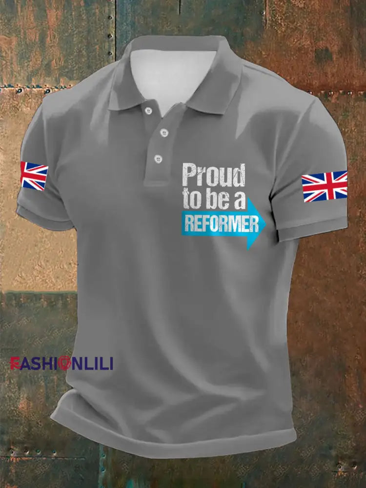 Men’s UK Flag Reform Printed Casual Tops Light Gray / S