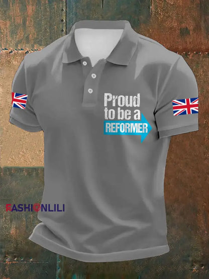 Men’s UK Flag Reform Printed Casual Tops Light Gray / S
