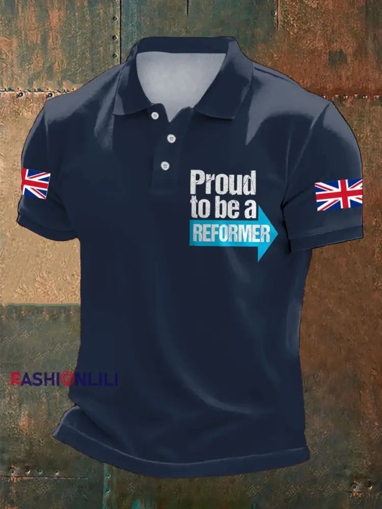 Men’s UK Flag Reform Printed Casual Tops Navy Blue / S