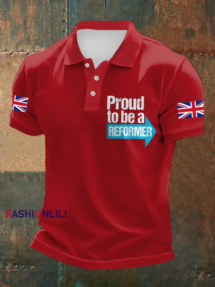 Men’s UK Flag Reform Printed Casual Tops Red / S