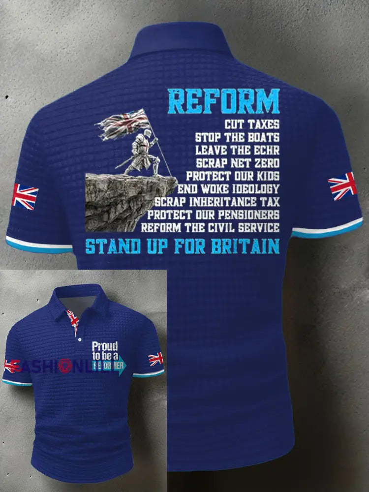 Men’s UK Flag Reform Printed Casual Tops Royal Blue / S