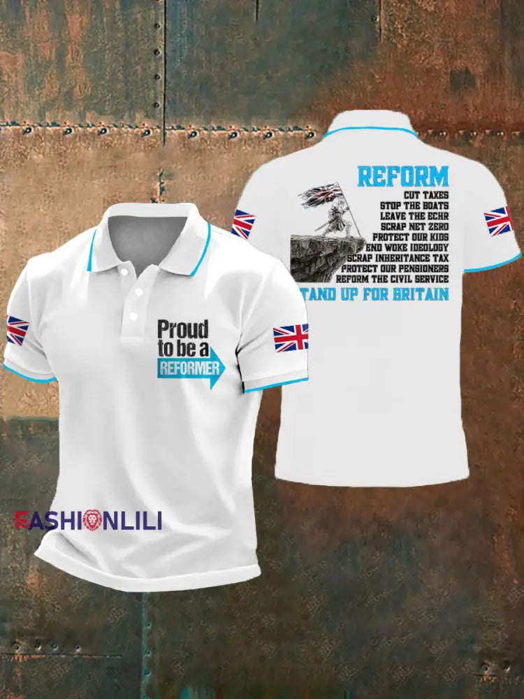 Men’s UK Flag Reform Printed Casual Tops White / S