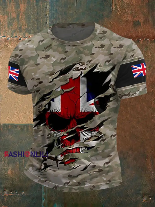 Men’s UK Flag Skull Camouflage Print Casual Tee Camouflage / S