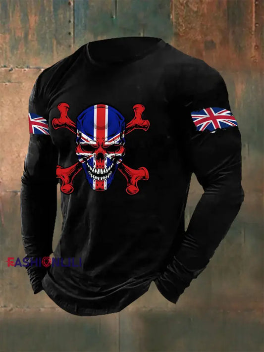 Men’s UK Flag Skull Print Casual Long Sleeve T-Shirt Black / S
