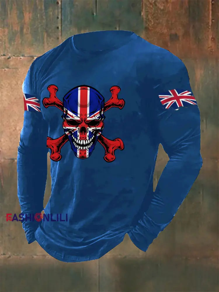 Men’s UK Flag Skull Print Casual Long Sleeve T-Shirt Blue / S