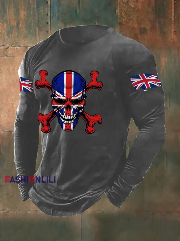 Men’s UK Flag Skull Print Casual Long Sleeve T-Shirt Gray / S