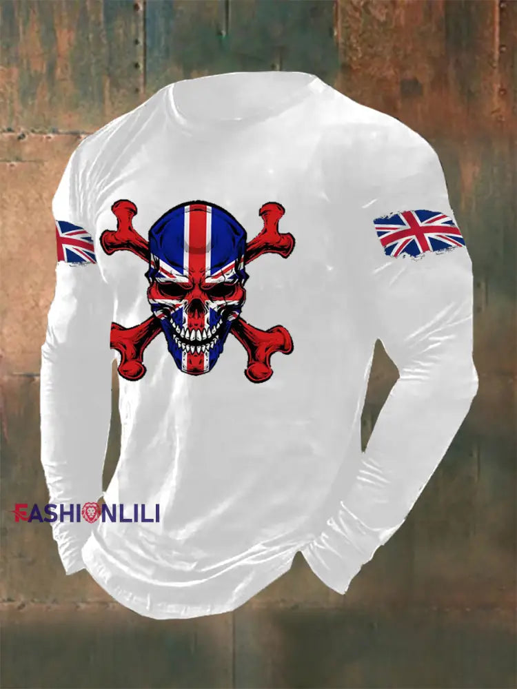 Men’s UK Flag Skull Print Casual Long Sleeve T-Shirt White / S