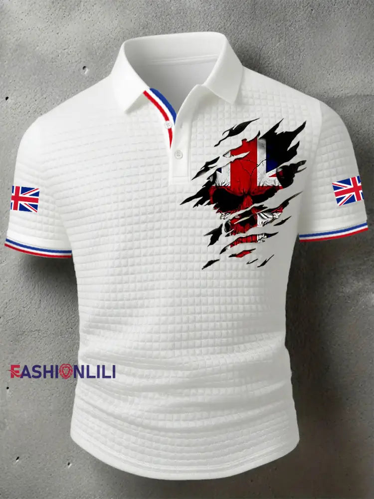 Men’s UK Flag Skull Print Casual Short-Sleeve Waffle Top White / S