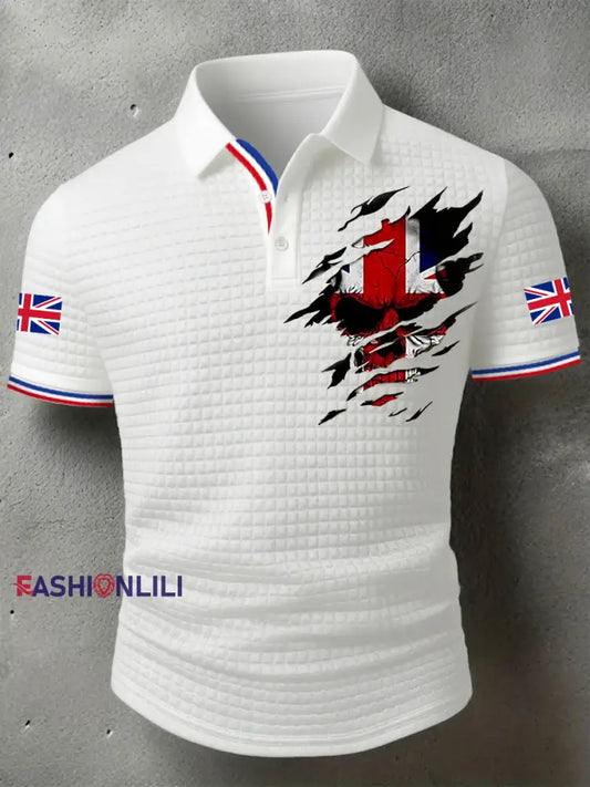 Men’s UK Flag Skull Print Casual Short-Sleeve Waffle Top White / S