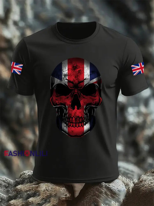 Men’s UK Flag Skull Print Casual Tee Black / S