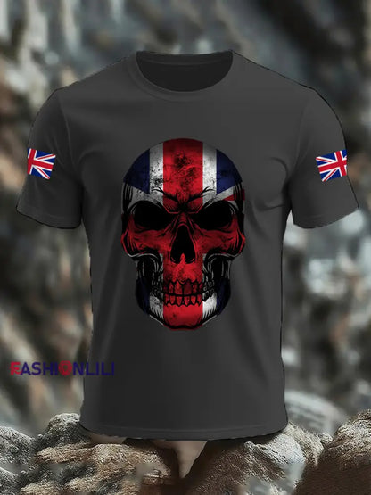 Men’s UK Flag Skull Print Casual Tee Dark Gray / S