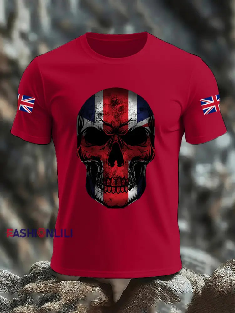 Men’s UK Flag Skull Print Casual Tee Deep Red / S