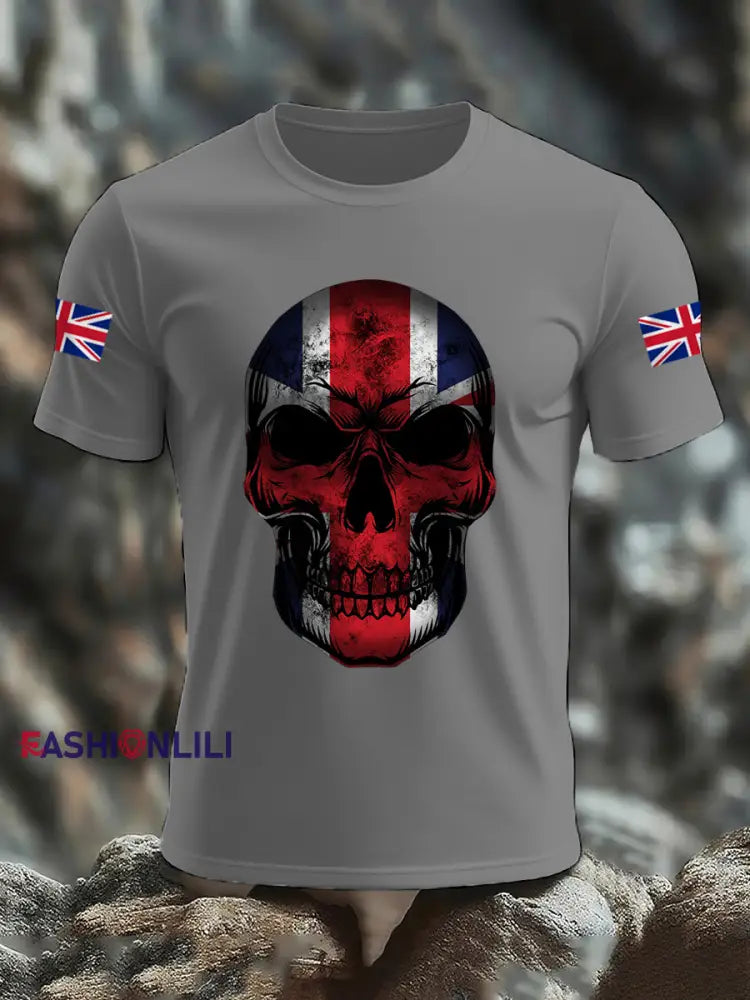Men’s UK Flag Skull Print Casual Tee Light Gray / S