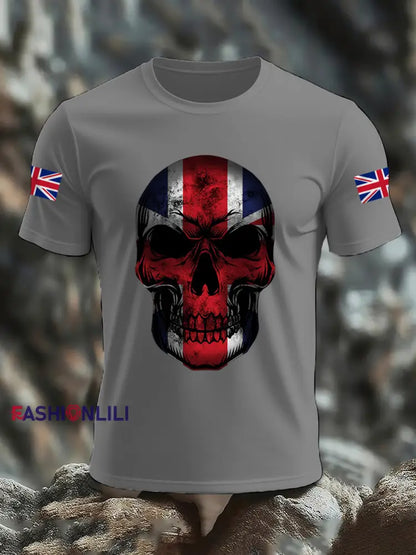 Men’s UK Flag Skull Print Casual Tee Light Gray / S
