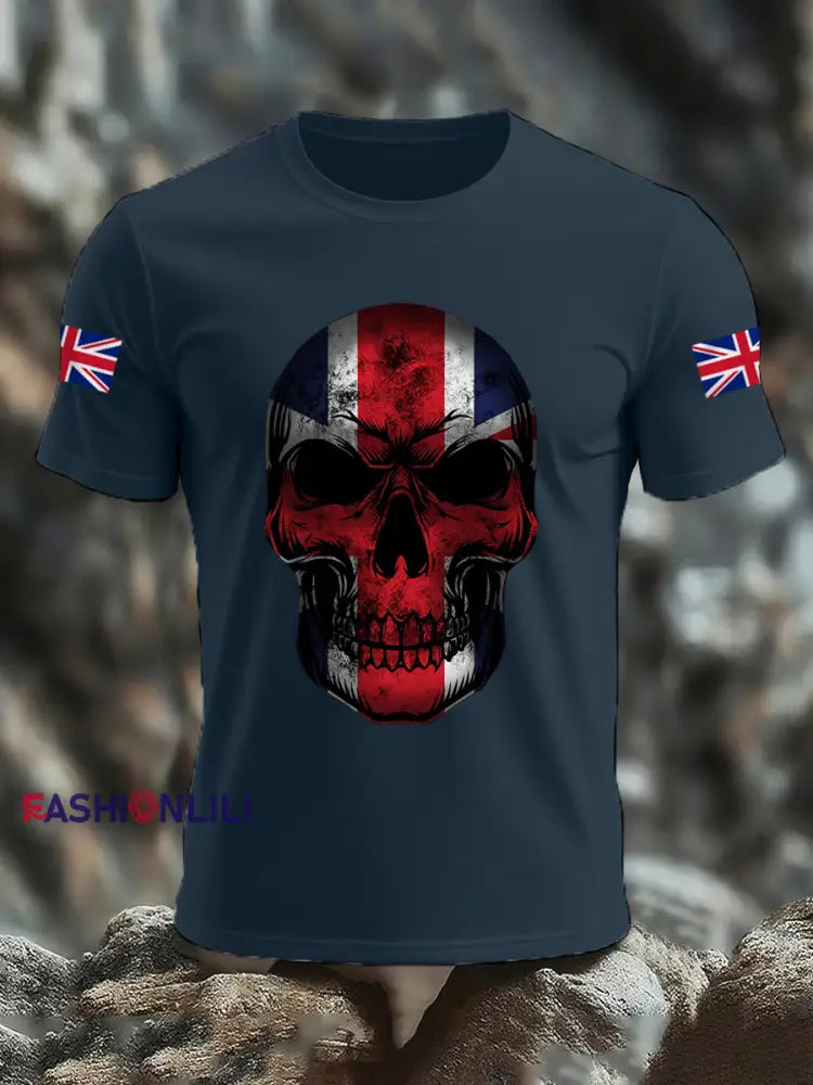 Men’s UK Flag Skull Print Casual Tee Navy Blue / S