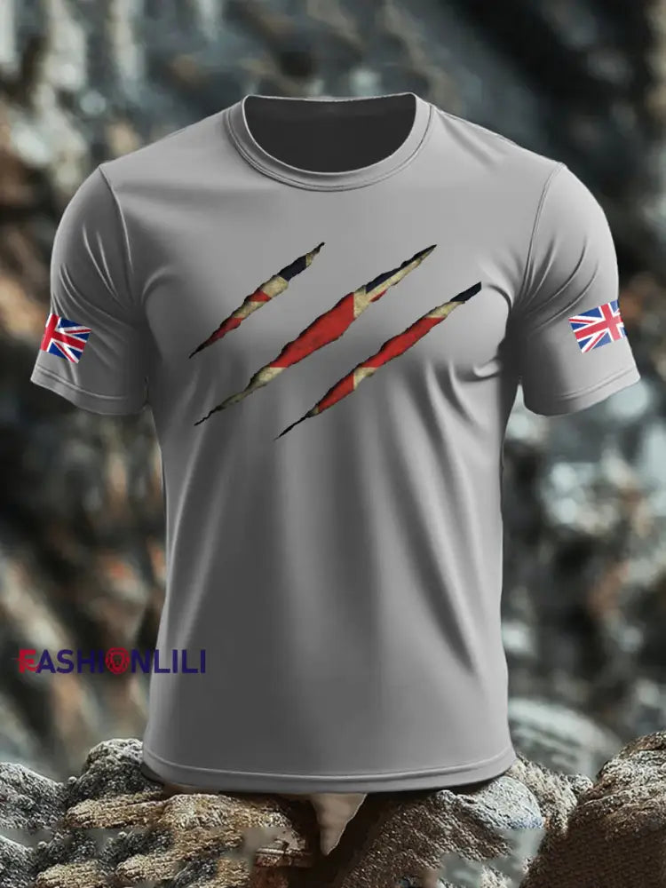 Men’s UK Flag Skull Printed T-shirt Light Gray / S