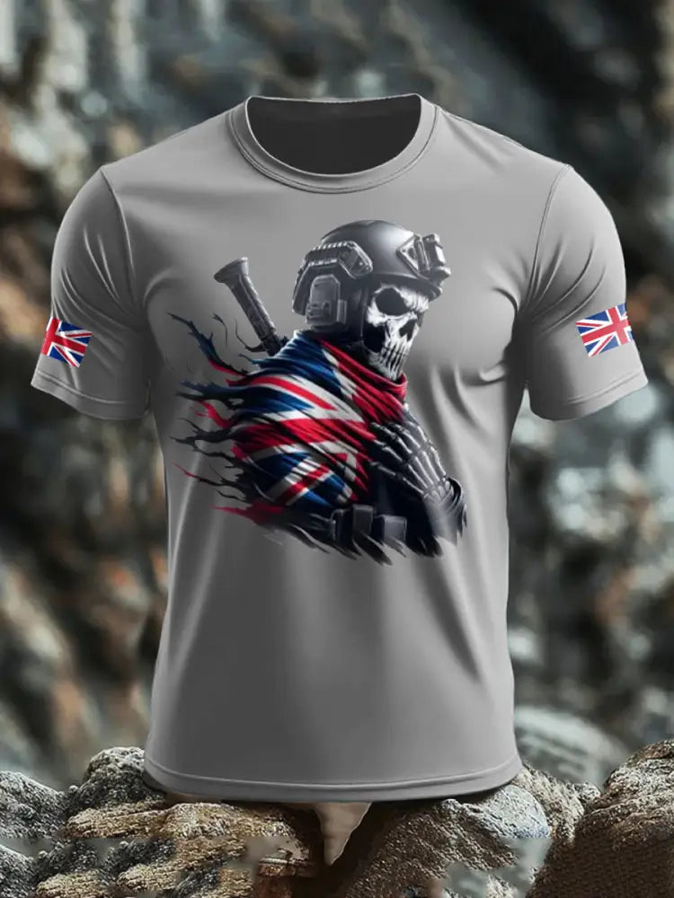 Men’s UK Flag Skull Printed T-shirt Light Gray / S