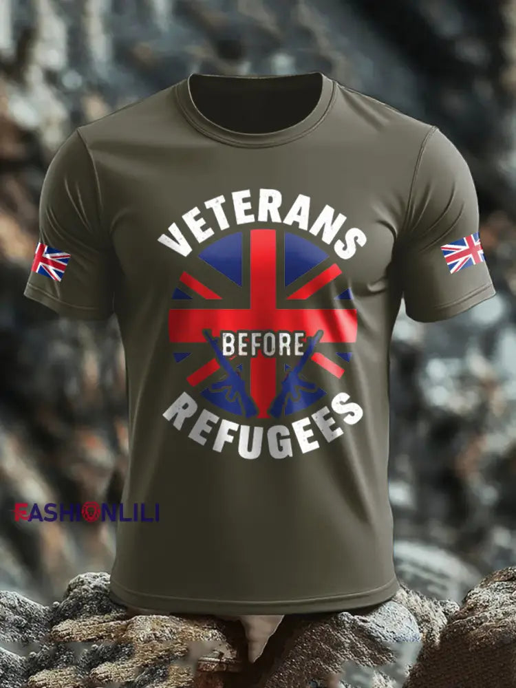 Men’s UK Flag Stop Illegal Immigration Printed T-shirt Army Green / S