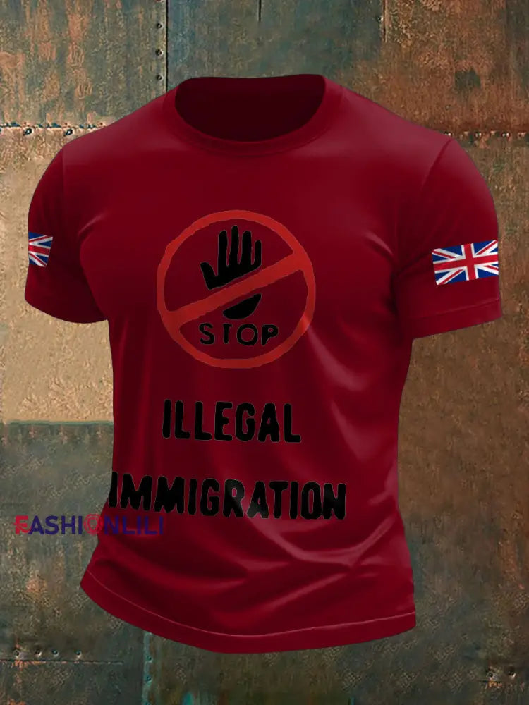 Men’s UK Flag Stop Illegal Immigration Printed T-shirt Deep Red / S