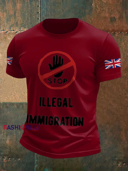 Men’s UK Flag Stop Illegal Immigration Printed T-shirt Deep Red / S