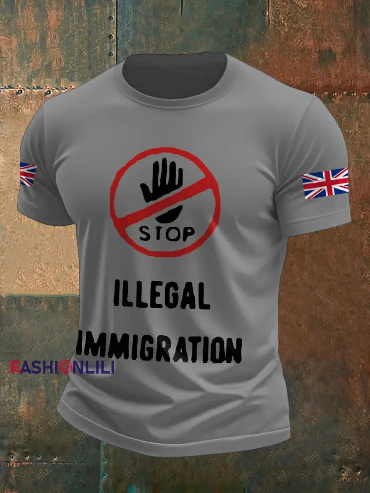 Men’s UK Flag Stop Illegal Immigration Printed T-shirt Light Gray / S