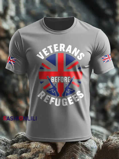 Men’s UK Flag Stop Illegal Immigration Printed T-shirt Light Gray / S