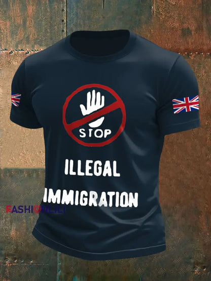 Men’s UK Flag Stop Illegal Immigration Printed T-shirt Navy Blue / S