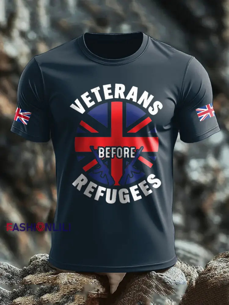 Men’s UK Flag Stop Illegal Immigration Printed T-shirt Navy Blue / S