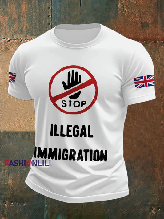 Men’s UK Flag Stop Illegal Immigration Printed T-shirt White / S