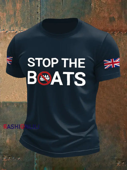 Men’s UK Flag Stop The Boats Printed T-shirt Navy Blue / S