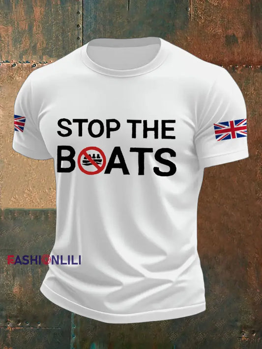 Men’s UK Flag Stop The Boats Printed T-shirt White / S