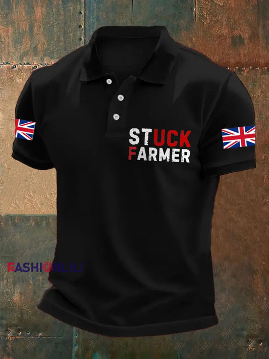 Men’s UK Flag Stuck Farmer Printed Casual Tops Black / S