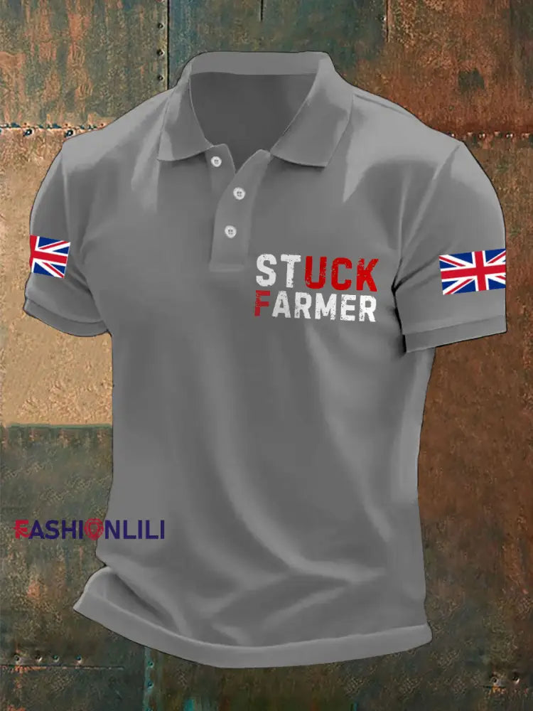 Men’s UK Flag Stuck Farmer Printed Casual Tops Light Gray / S