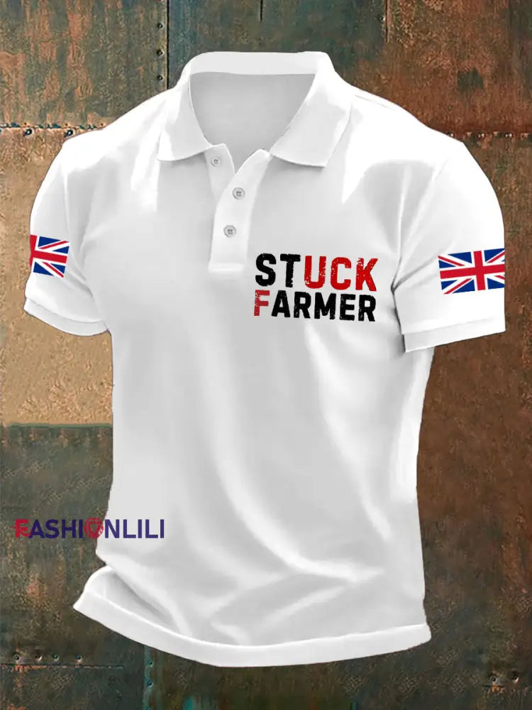 Men’s UK Flag Stuck Farmer Printed Casual Tops White / S