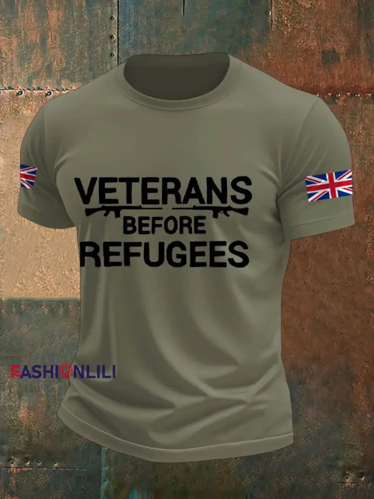 Men’s UK Flag Veterans Before Refugees Printed T-shirt Army Green / S