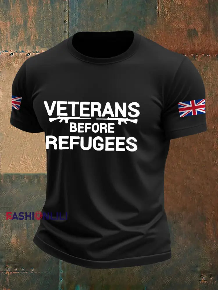 Men’s UK Flag Veterans Before Refugees Printed T-shirt Black / S