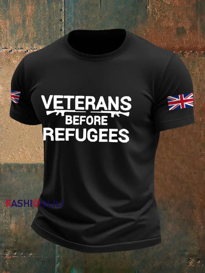 Men’s UK Flag Veterans Before Refugees Printed T-shirt Black / S