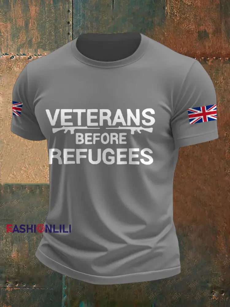 Men’s UK Flag Veterans Before Refugees Printed T-shirt Light Gray / S
